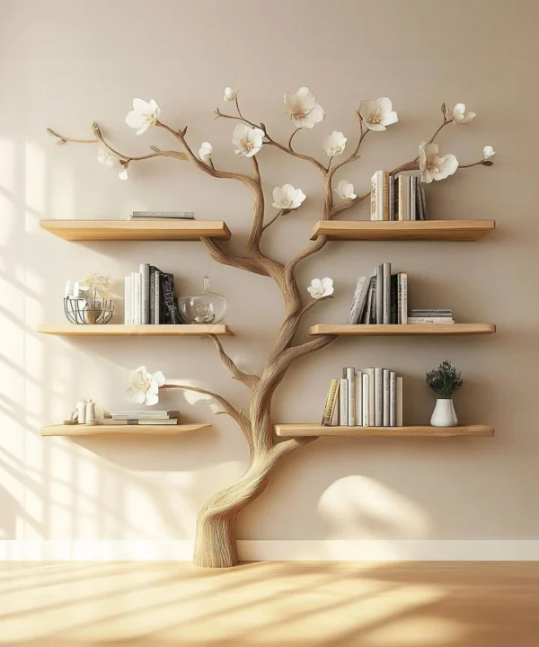 Tree Inspired Solid Wood Standing Bookcase For Modern Living Spaces