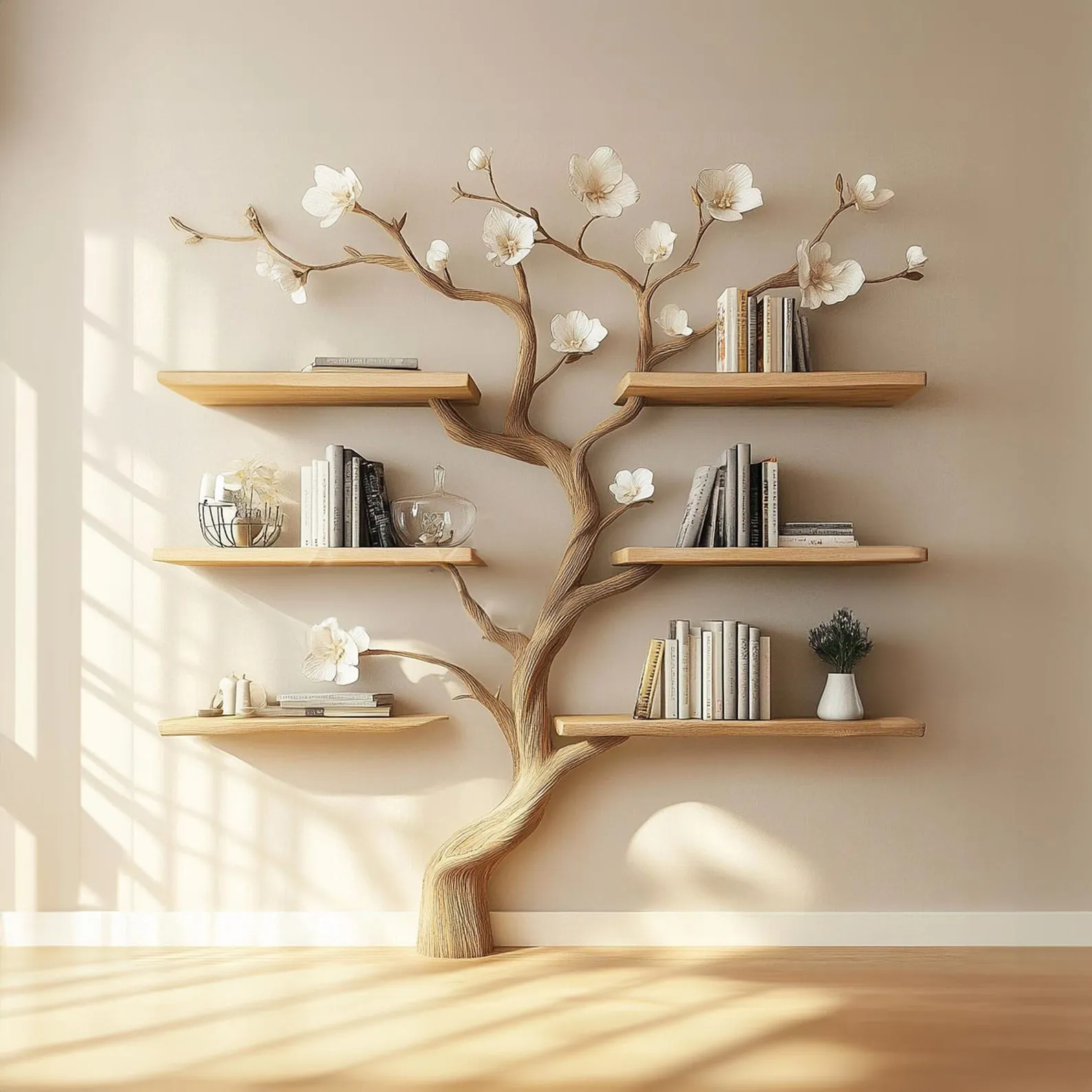 Tree Inspired Solid Wood Standing Bookcase For Modern Living Spaces