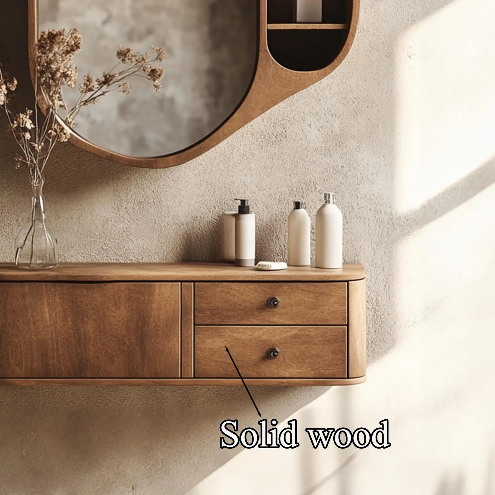 Rustic Wood Bathroom Vanity Cabinet With Framed Mirror Storage - Image 5